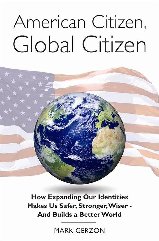 Book cover titled 'American Citizen, Global Citizen' by Mark Gerzon, featuring a globe and a waving American flag in the background.