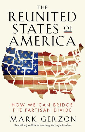 Book cover titled 'The Reunited States of America' by Mark Gerzon, featuring a map of the United States with patriotic red, white, and blue colors.