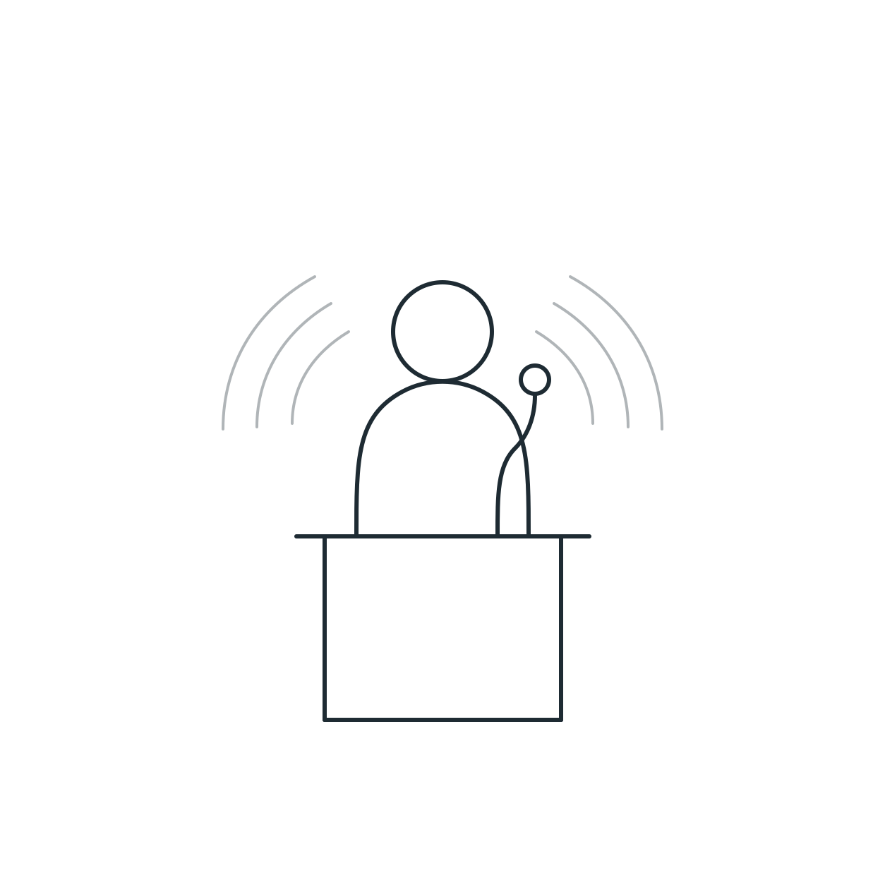 Line drawing of a speaker at a podium, using a microphone, with sound waves indicating communication or speech.