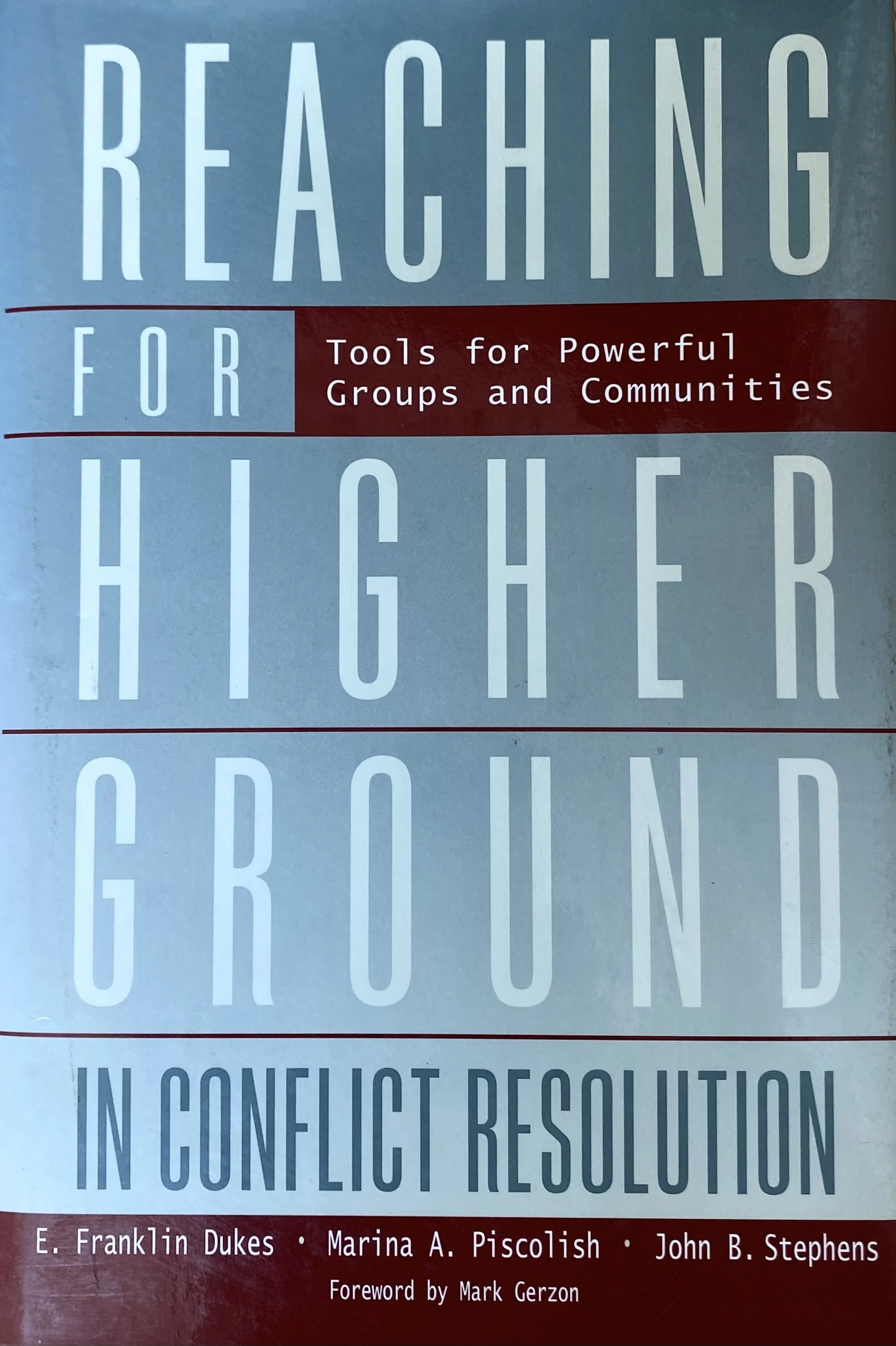 Book cover titled "Reaching for Light: Tools for Powerful Groups and Communities" with authors E. Franklin Dukes, Marina A. Piscolish, and John B. Stephens, and foreword by Mark Gerzon.