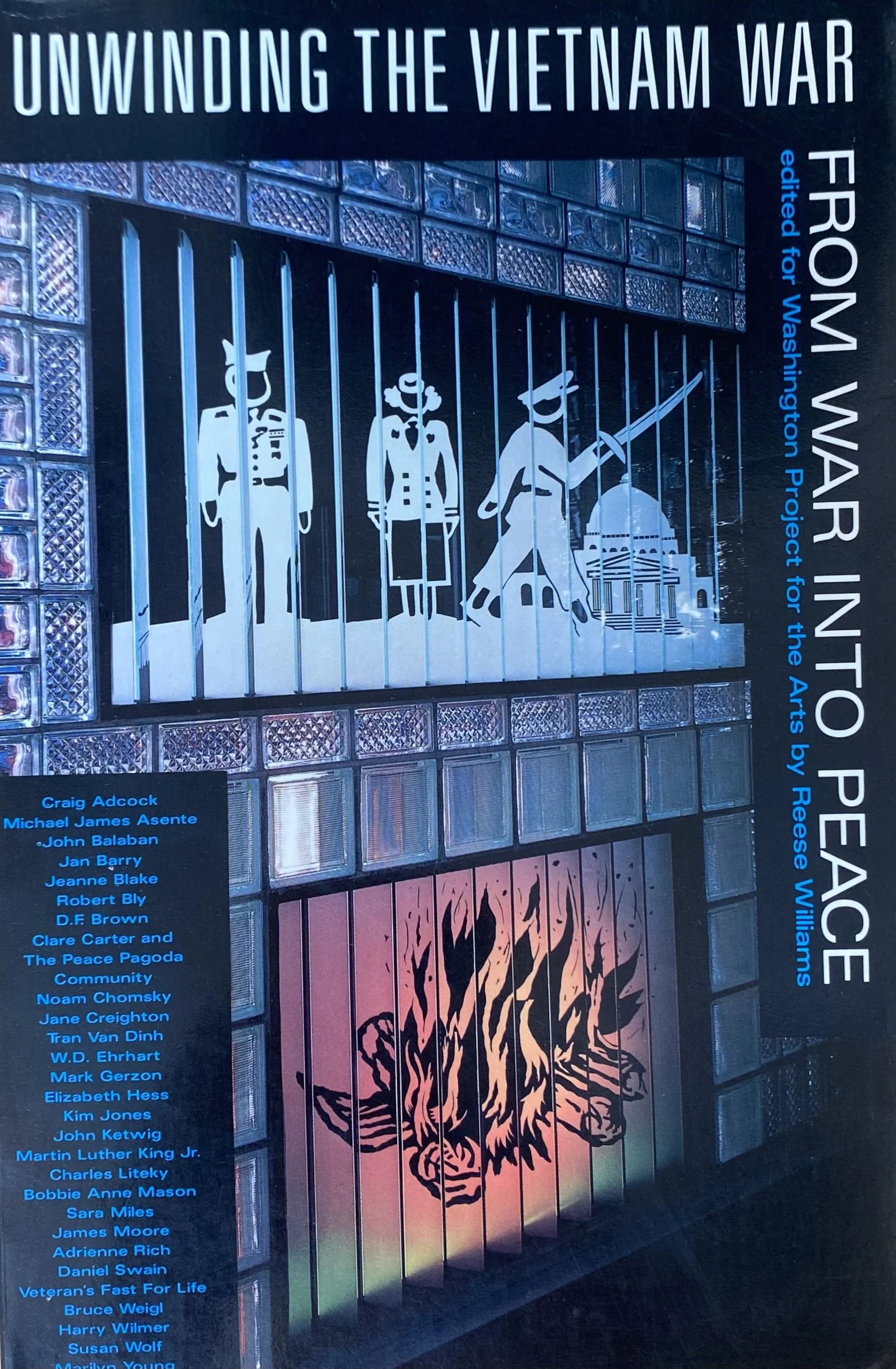 Book cover titled 'Unwinding the Vietnam War' with artwork depicting three historical figures and a protest scene, alongside a list of contributors.