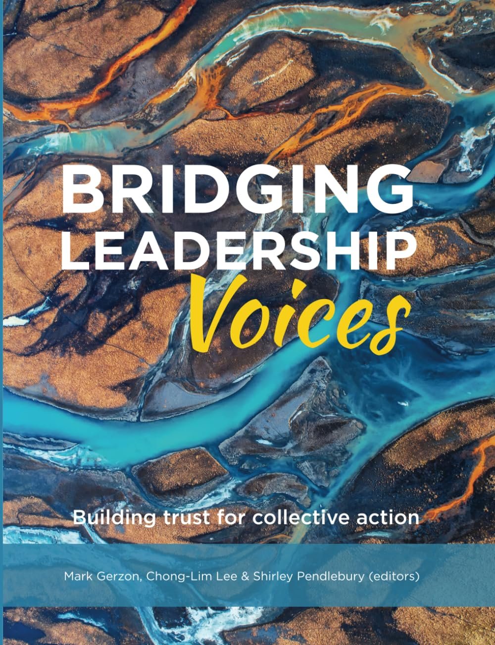 Book cover for 'Bridging Leadership Voices', featuring an abstract aerial view of a river and surrounding terrain with vibrant blues, turquoise, and earthy tones. Subtitle reads 'Building trust for collective action' with editors listed below.