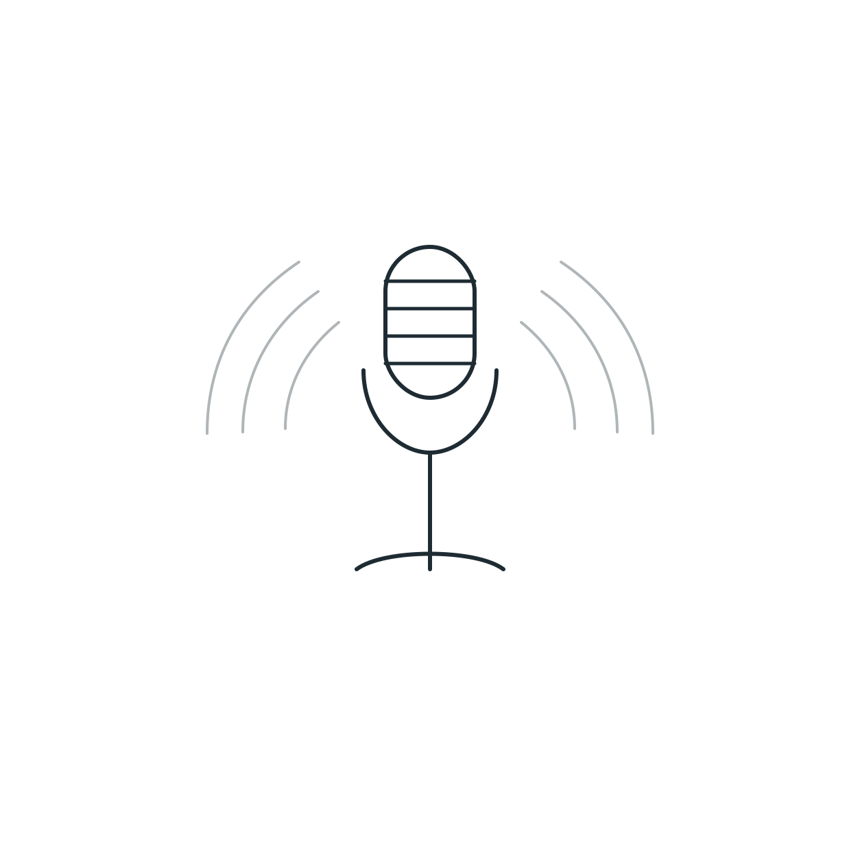 Line drawing of a vintage microphone surrounded by radio signal waves.