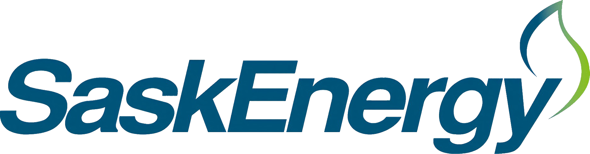 SaskEnergy logo with blue text and a curved green and blue design element on the right side