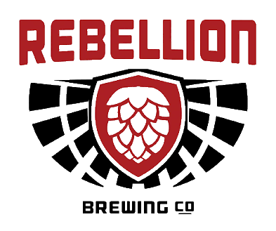 Rebellion Brewing Co. logo with a hop cone inside a shield, flanked by wings.