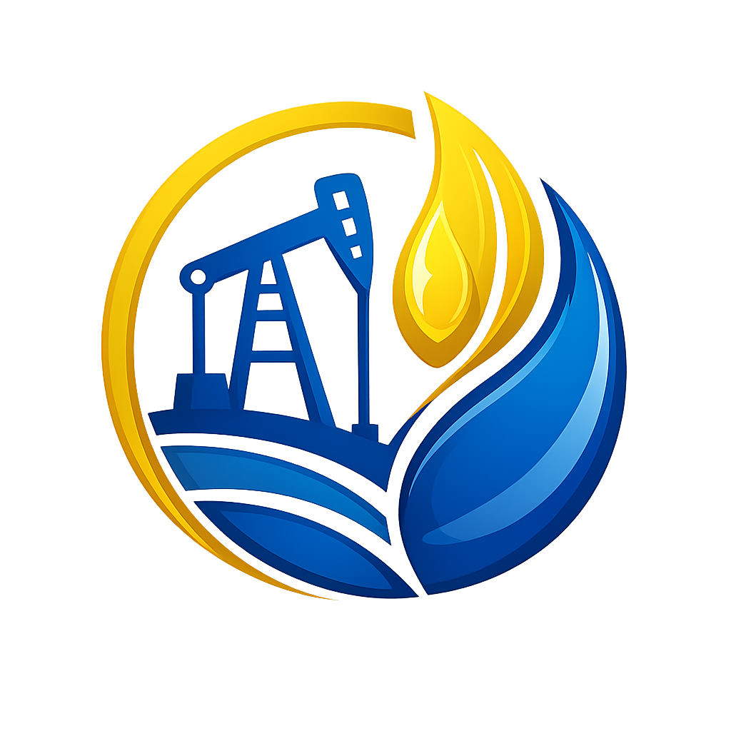 A logo featuring a yellow and blue color scheme, with an oil derrick inside a circular shape and a large droplet of oil above a stylized blue leaf or water element.