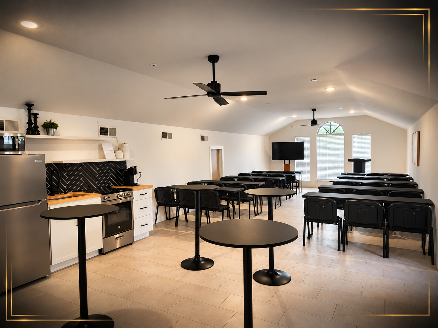 Flexible training room and event space in Arlington, Texas, accommodating up to 30 guests. Ideal for corporate training, workshops, seminars, church gatherings, and private celebrations.