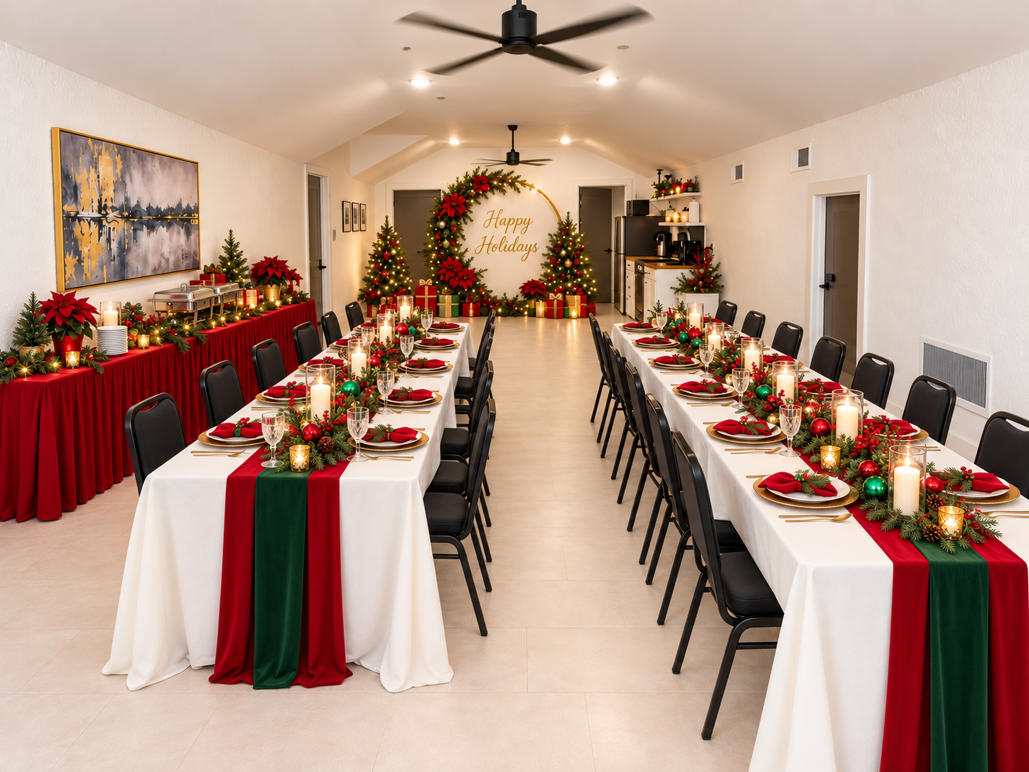 Christmas and Holiday party celebrations setup in a private event space