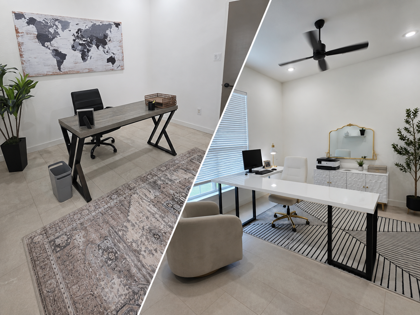 Split image showing two office rooms: left side with a desk, black office chair, world map wall art, potted plant, and patterned rug; right side with a white desk, beige armchair, decorative mirror, cabinet, and potted plant.
