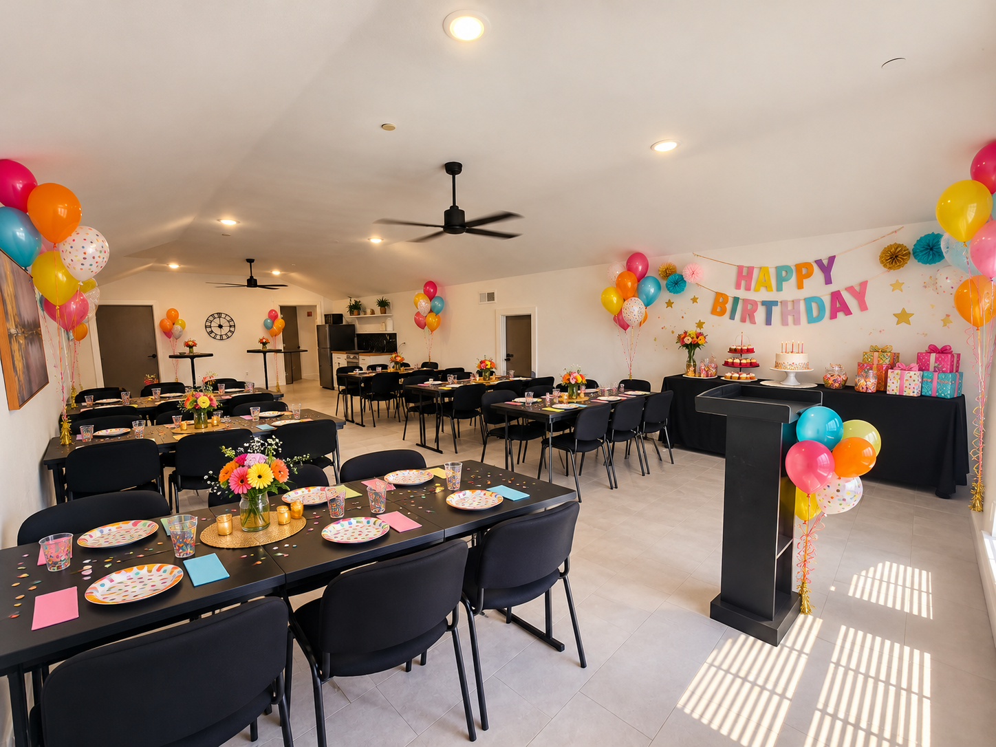 Event space great for birthday parties with custom setups. 
