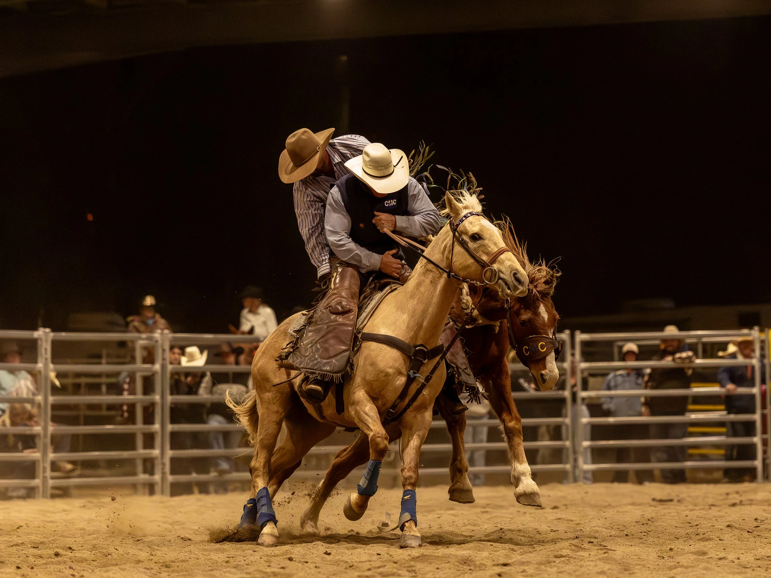 The WESTRN Edit | Western Sports Photography - Two cowboys wearing hats riding horses in a rodeo arena at night with spectators in the background.
