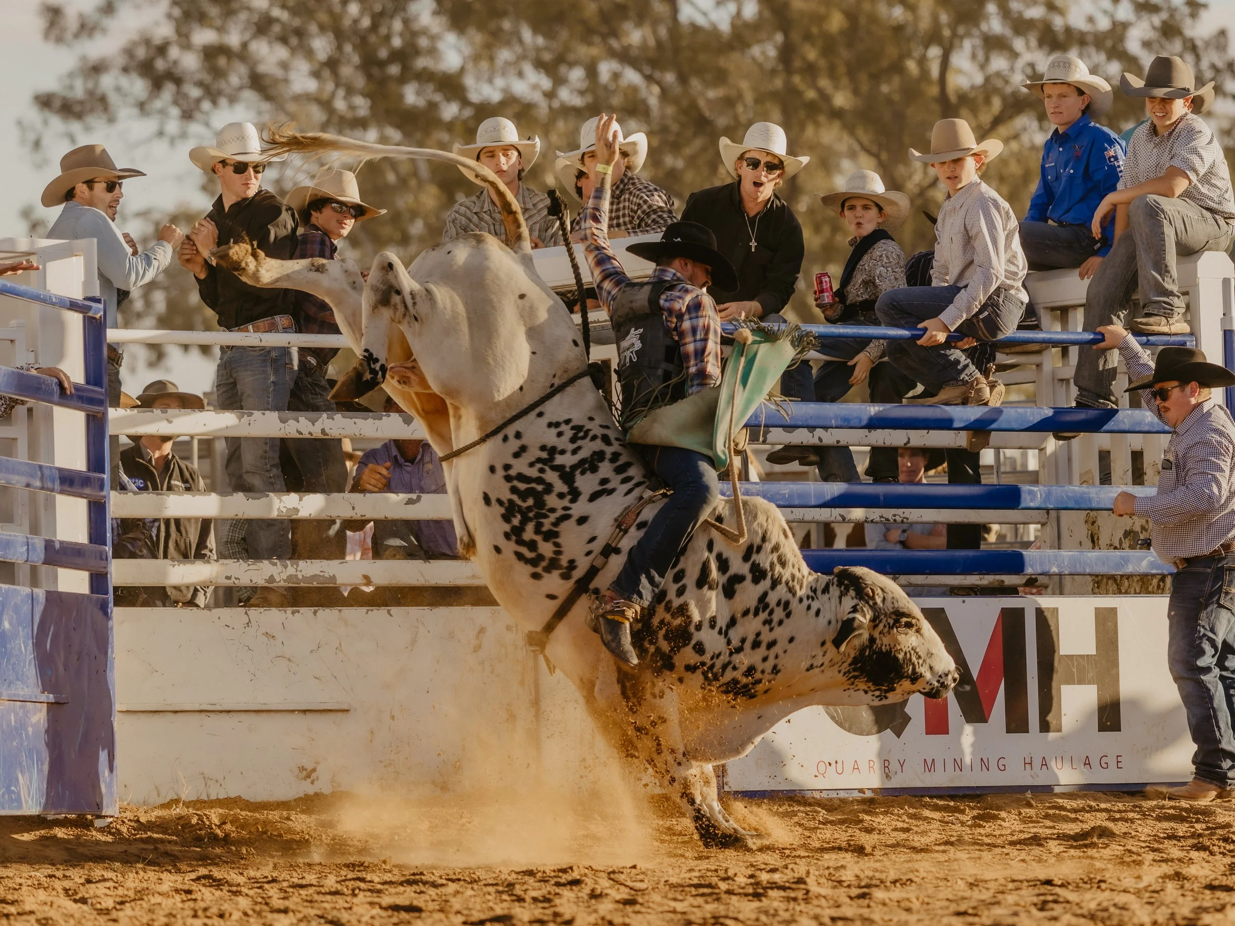 The WESTRN Edit | Western Sports Photography - A rodeo event with a team roping event taking place. A cowboy is riding a bucking horse, while others and officials watch nearby. Dust is flying from the horse's hooves on the dirt arena.