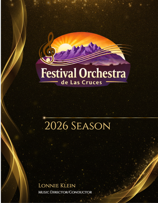 Poster for the Festival Orquesta de Las Cruces 2026 season featuring a sunset over mountains, musical notes, and a starry background.