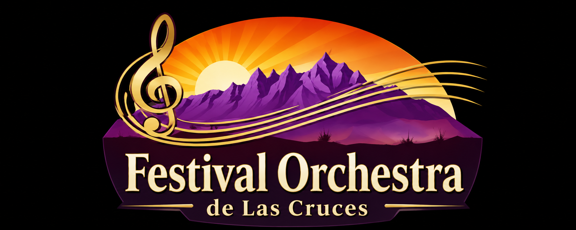 A logo for the Festival Orchestra de Las Cruces featuring a sun, purple mountain range, and musical staff with a treble clef, with text below reading 'Festival Orchestra de Las Cruces'.