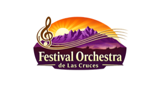 Logo for Festival Orchestra de Las Cruces featuring mountains, a sunset, and a treble clef.