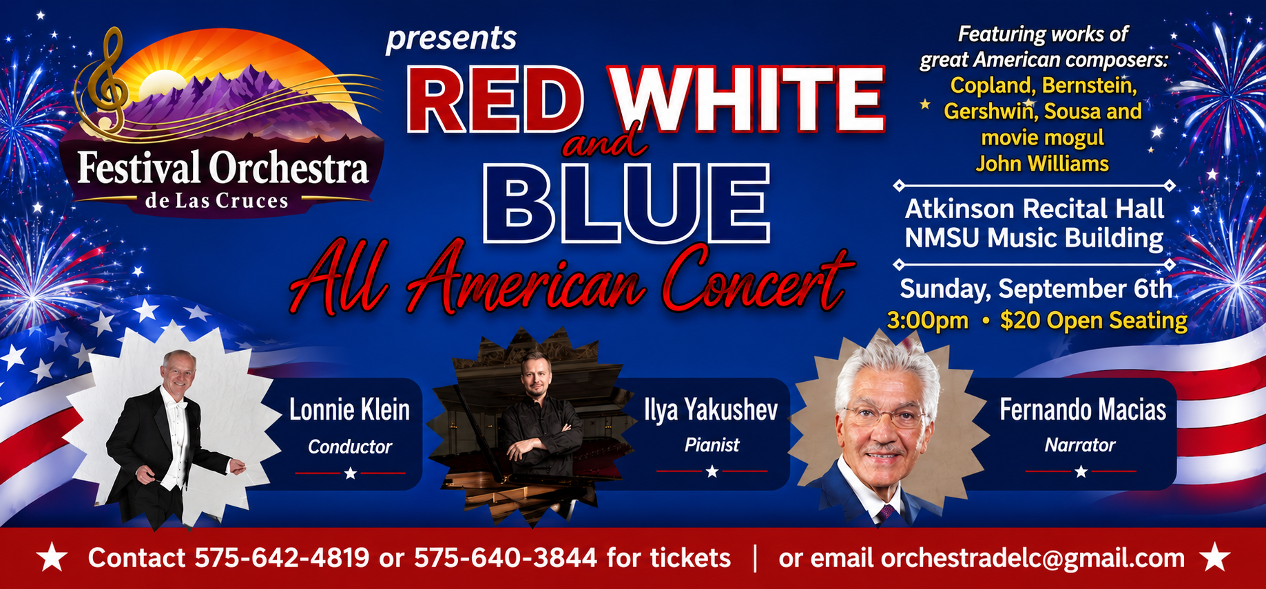 Event poster for the Festival Orchestra de Las Cruces featuring a patriotic fireworks display, American flags, and portraits of conductor Lonnie Klein, pianist Ilya Yakushev, and narrator Fernando Macias, advertising a concert titled "Red White and Blue: All American Concert" on Sunday, September 6th at 3:00 pm at Atkinson Recital Hall, NMSU Music Building, with tickets costing $20.