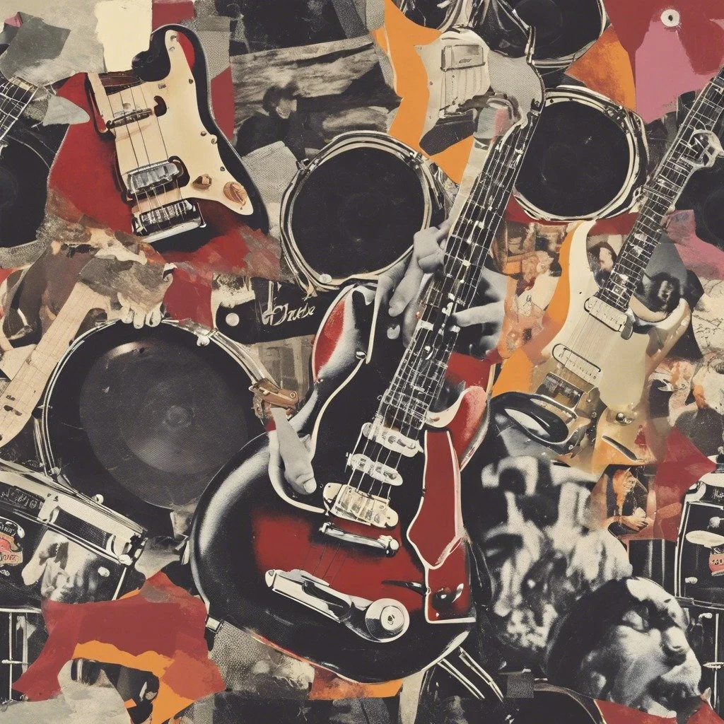 Collage of musical instruments and photos, including electric guitars, drums, and black-and-white images of musicians.