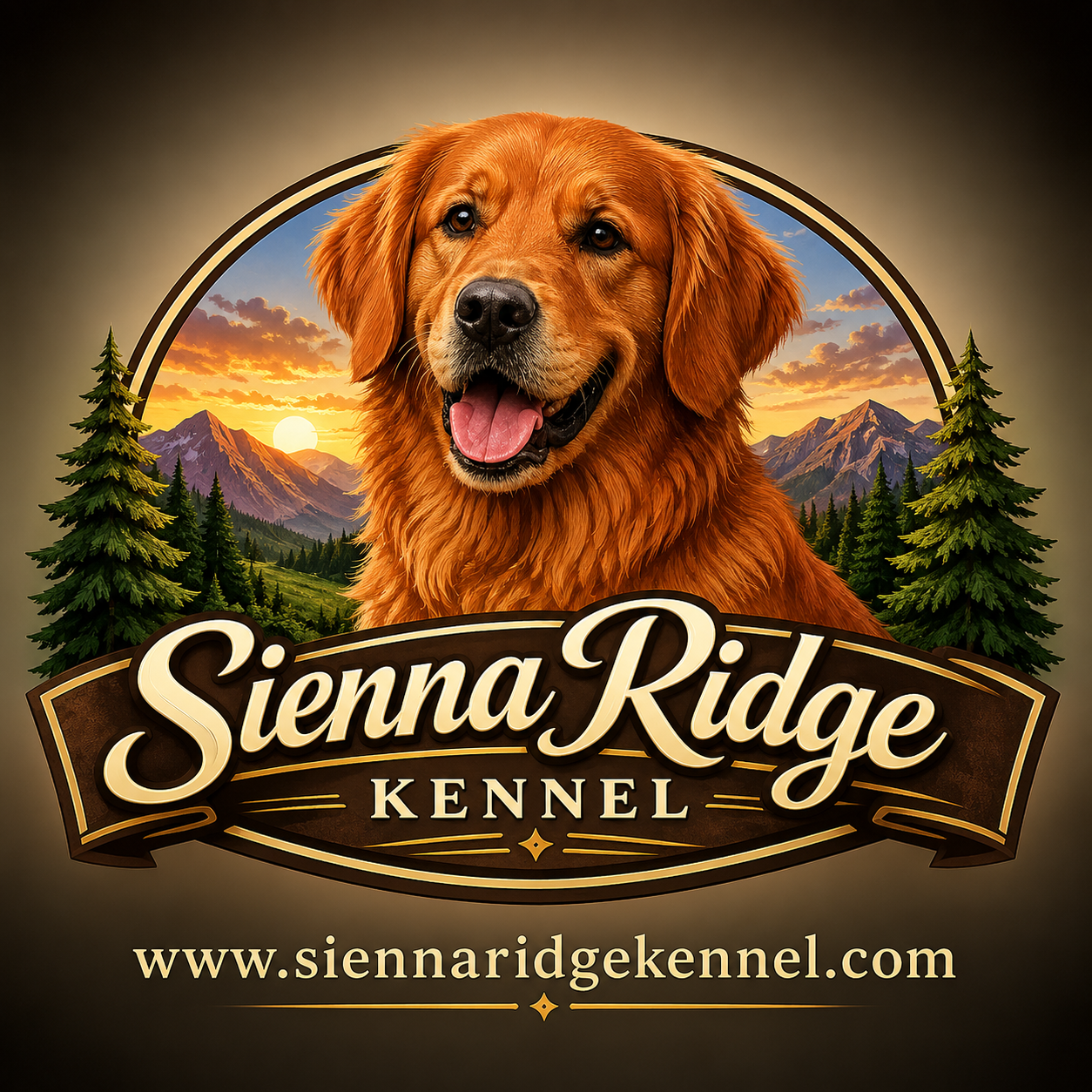 Logo of Sierra Ridge Kennel featuring a golden retriever with mountains, pine trees, and a sunset in the background. Website URL www.siennaridgekennel.com.