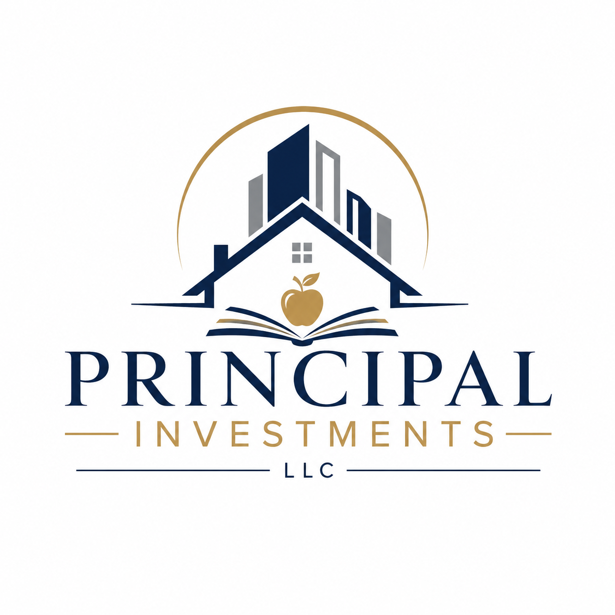 Logo for Principal Investments LLC featuring a house with a roof, a gold apple on an open book, and a city skyline in the background, with gold and navy blue colors.