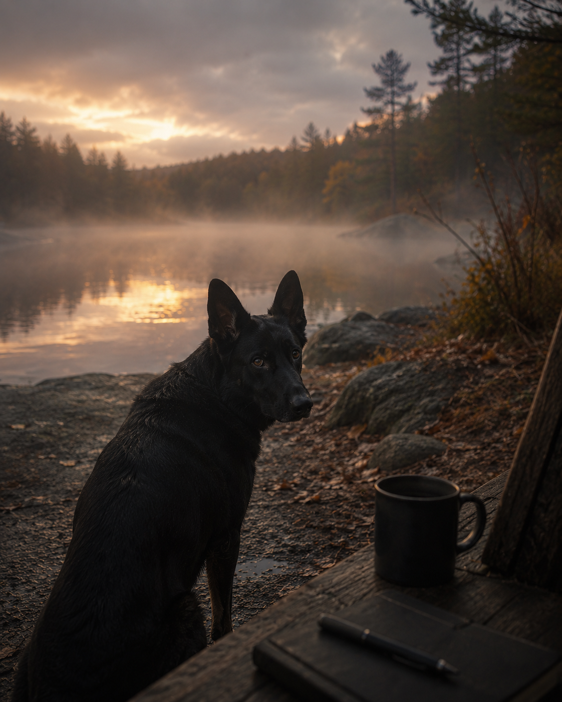 A black dog sitting on a rocky shore by a calm, misty lake at sunset, with trees in the background and a mug on a wooden surface in the foreground.
