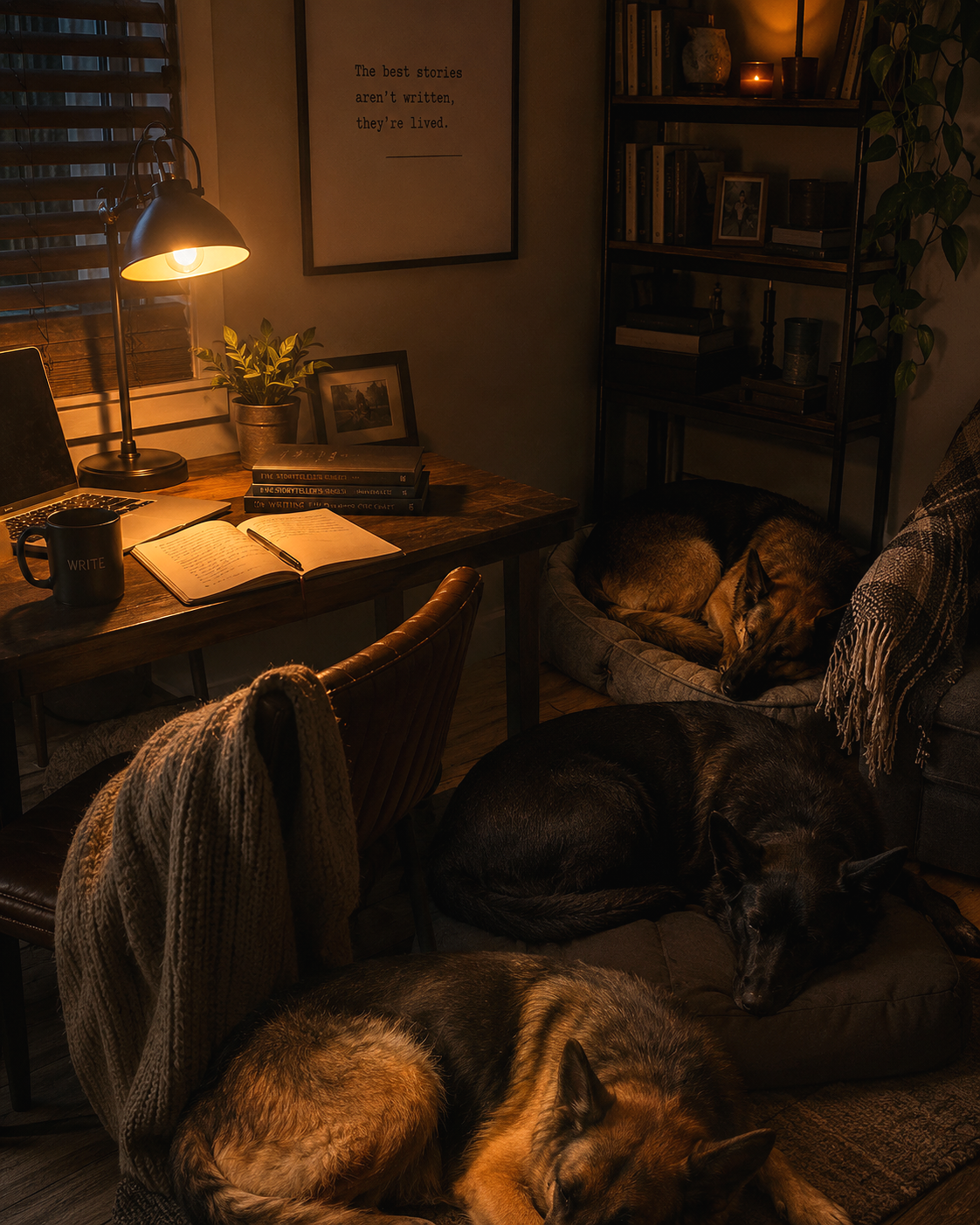 Dimly lit home office or living room with a wooden desk, computer, coffee mug, and books. There are three dogs sleeping on the furniture, including a German Shepherd and a black dog. A framed quote hangs on the wall, and a bookshelf with books and decorations is in the background.