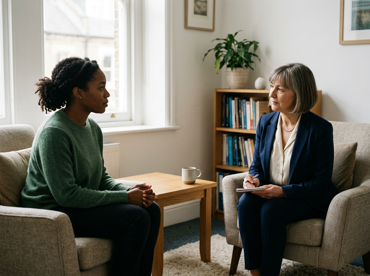 A woman and a therapist having a counseling session in a cozy room. The woman is sitting on the left, wearing a green sweater, and the therapist is sitting on the right, dressed in a navy blazer and cream blouse, holding a notepad. There is a window behind them, a bookshelf with books, and a potted plant in the background.
