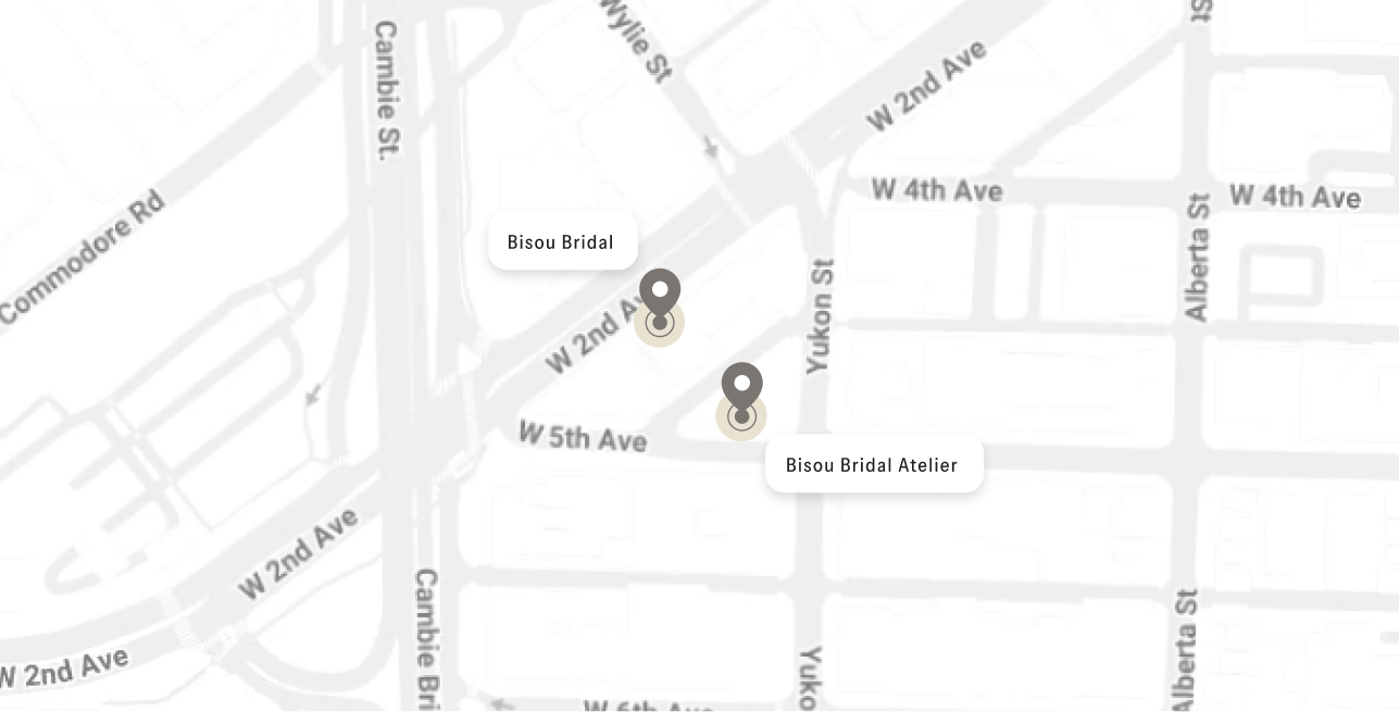Map showing the locations of Bisou Bridal and Bisou Bridal Atelier in an urban area.