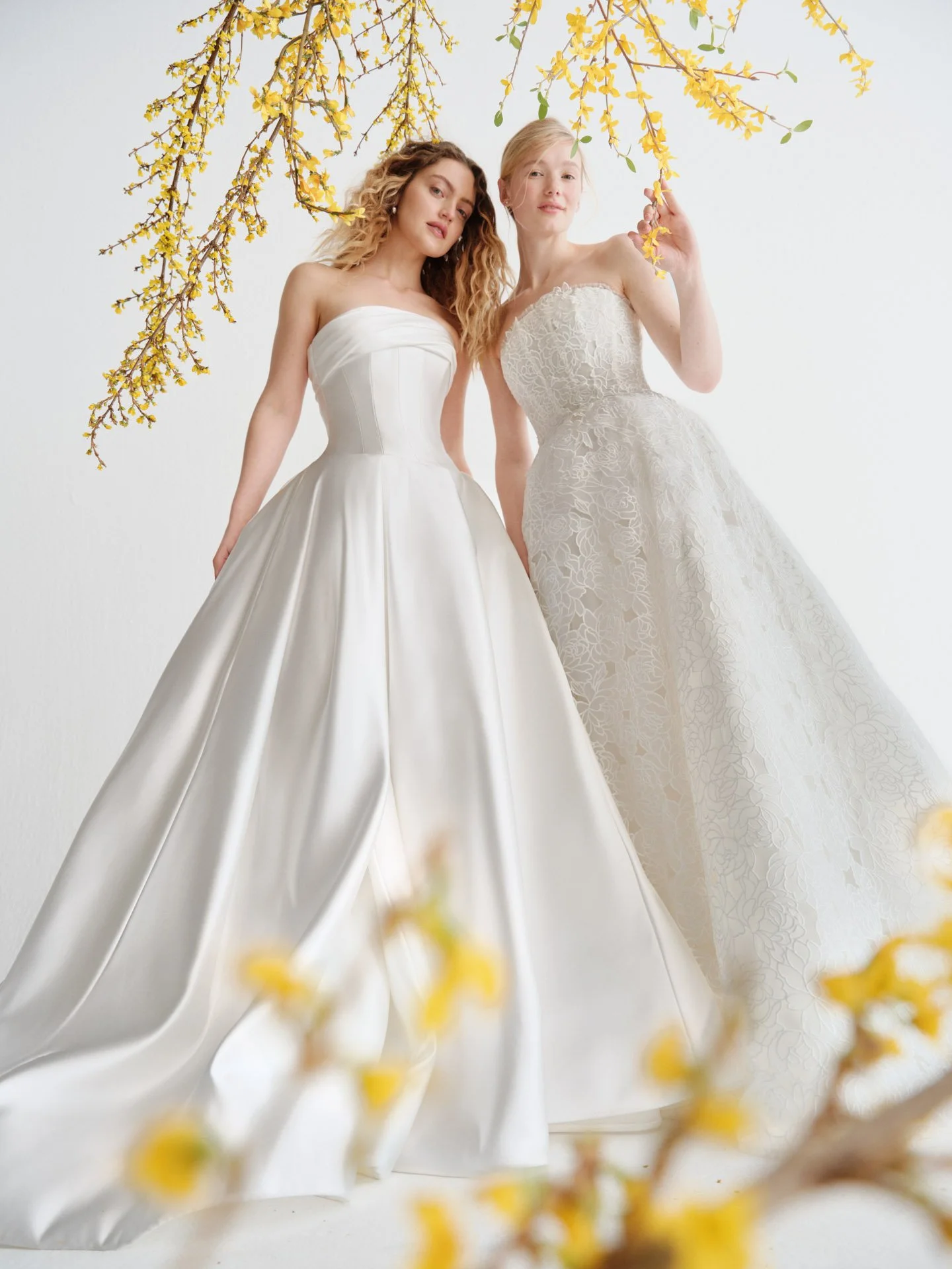 Two models showcasing Alyne strapless wedding dresses; one wearing a smooth, structured satin ballgown and the other in a classic floral lace A-line bridal gown, standing beneath yellow spring blossoms.
