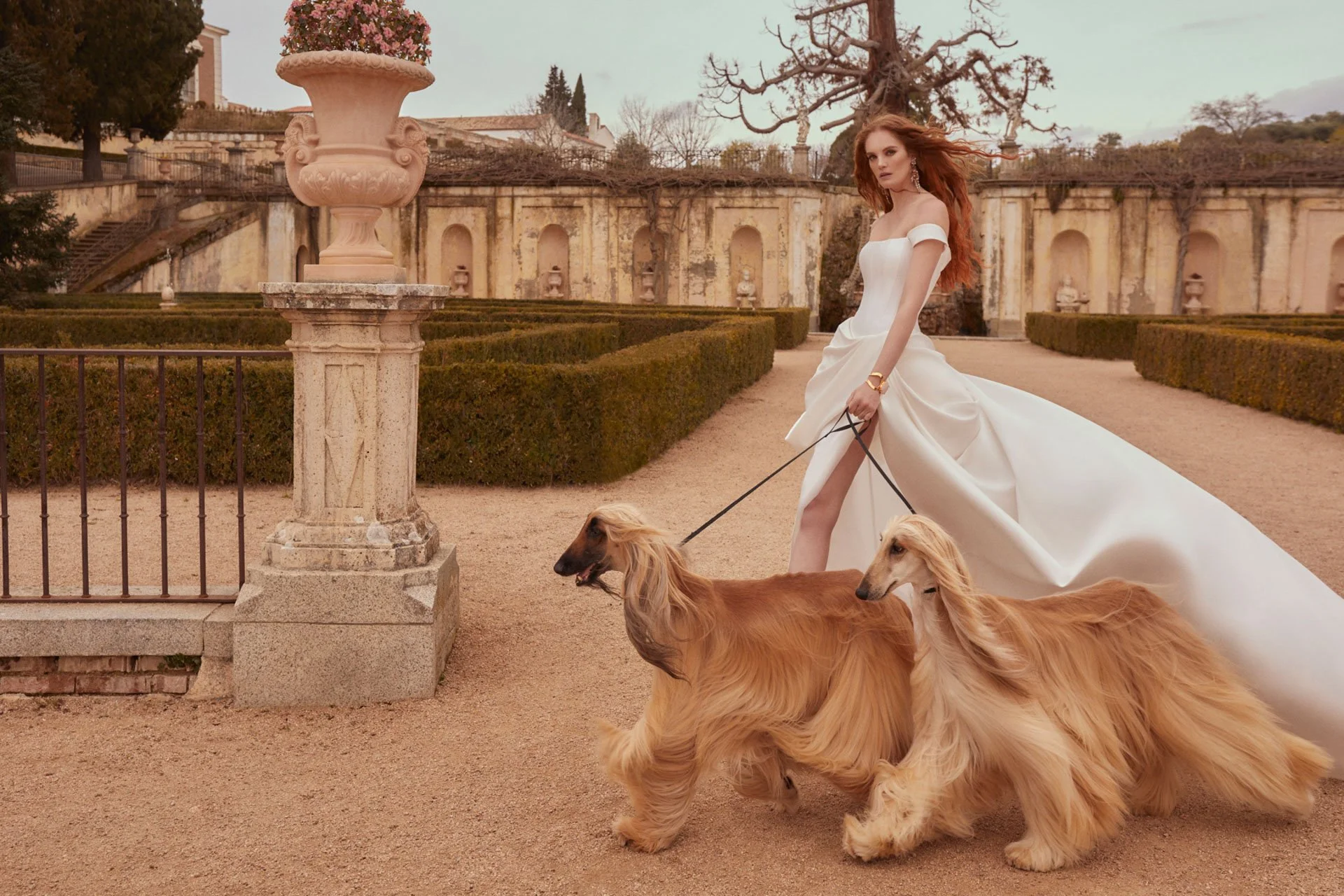 Model wearing a Galia Lahav Couture off-the-shoulder structured satin wedding gown with a dramatic high leg slit and sweeping train, walking two Afghan hounds through a formal garden courtyard.