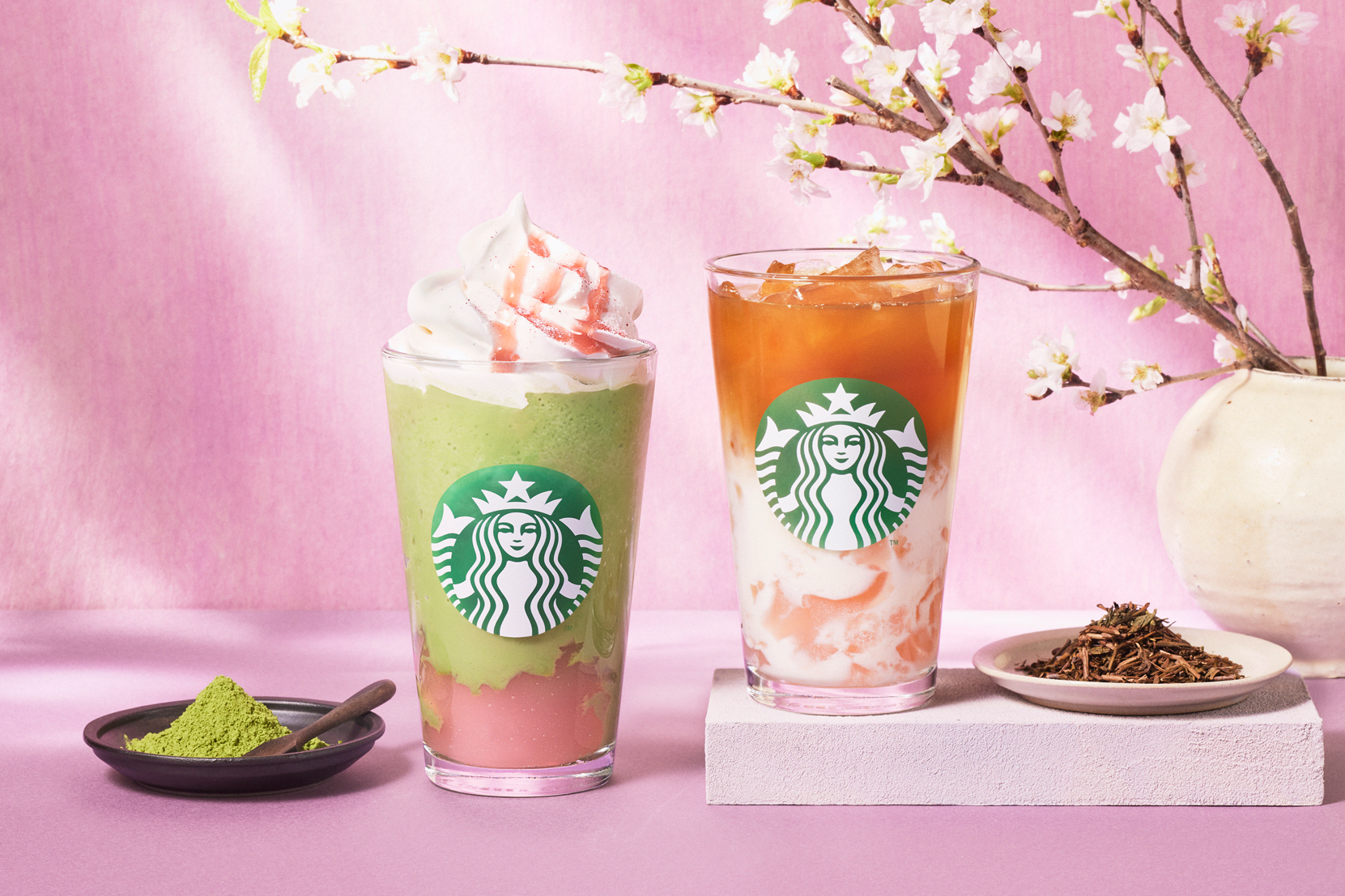 Two Starbucks drinks, one green matcha with whipped cream and pink syrup and one iced tea with milk, are placed on pink surface against a pink background, with a vase of cherry blossom branches and plates of matcha powder and tea leaves.