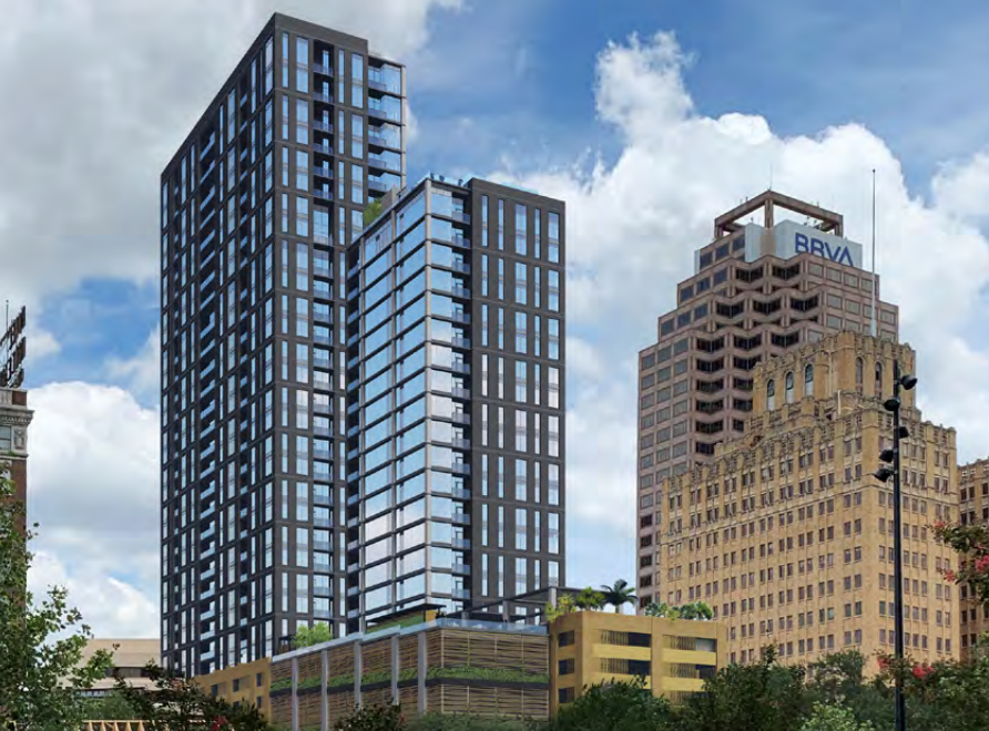 Modern glass high-rise buildings in an urban cityscape with a partly cloudy sky.