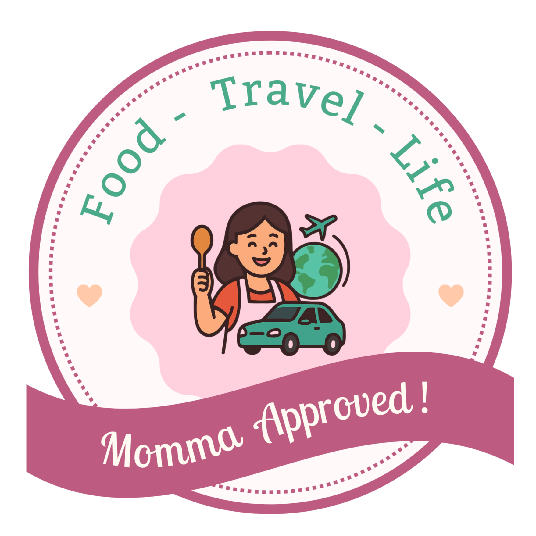Certification badge indicating that a person named Momma Emma is approved, featuring a cartoon of a smiling woman holding a spoon with a globe, a car, and a small airplane in the background, surrounded by hearts and decorative borders.