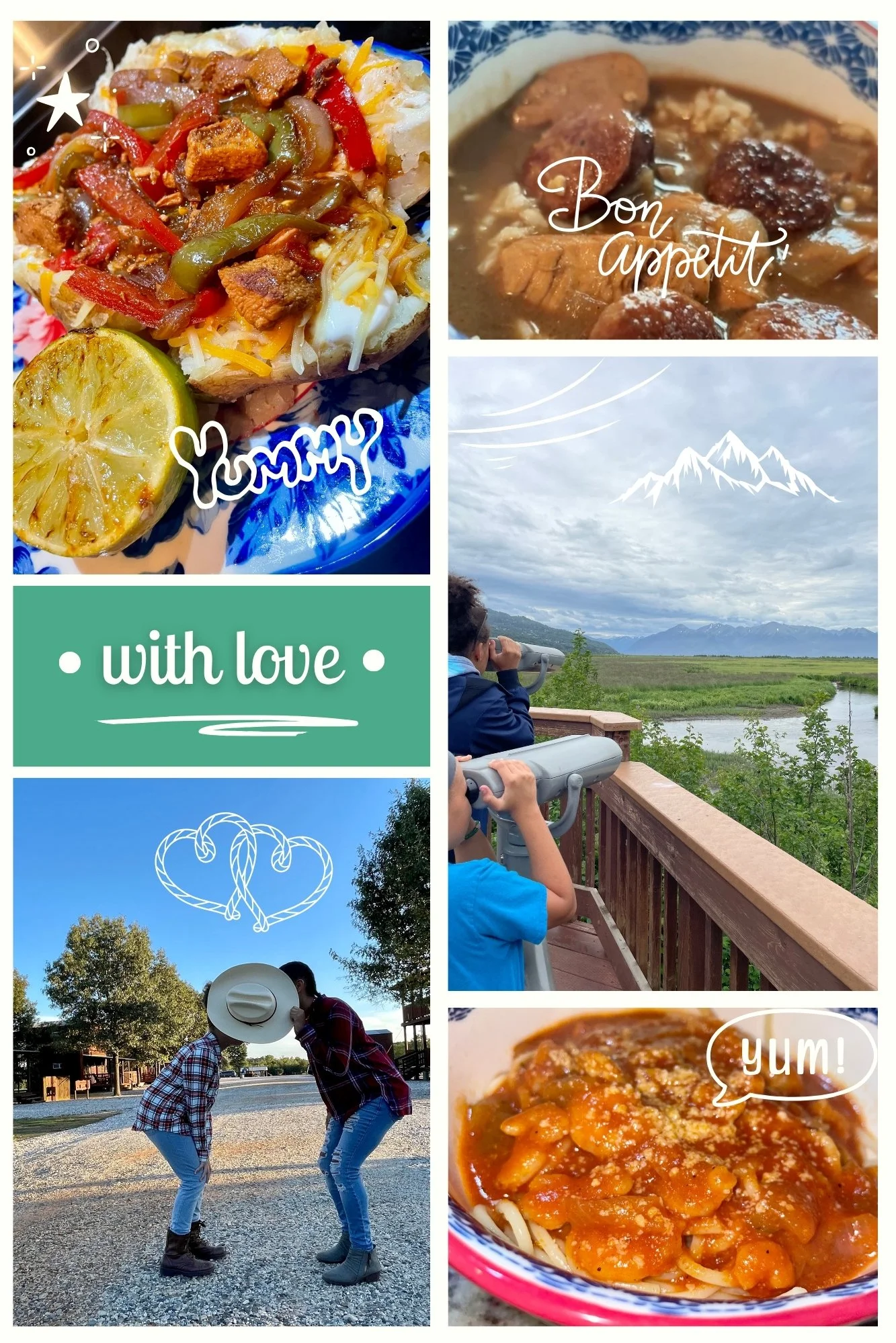 Collage of food and outdoor scenes: a baked potato topped with colorful vegetables and grilled chicken with a lemon wedge, a bowl of chili with meatballs and beans with a 'Bon appétit' overlay, two people wearing plaid shirts and cowboy hats engaging in a playful interaction outdoors, a scenic view of mountains with a person using binoculars, and a bowl of chili with the word 'yum' overlaid.