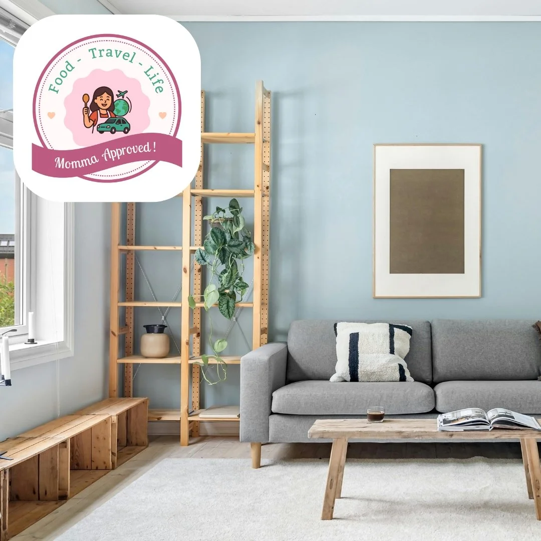 Living room with light blue walls, gray sofa with white and dark blue pillow, wooden coffee table with a book and a small glass, wooden shelving unit with a potted plant, and a framed picture on the wall. Window with daylight streaming in.