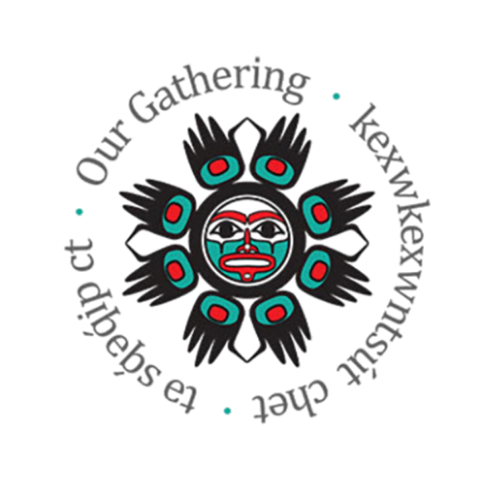 A circular logo with a Native American design, featuring a central face with red, blue, and black colors surrounded by stylized feathers or leaves, and text around the circle that reads 'Our Gathering - TexKuwusht del es Saylege.'