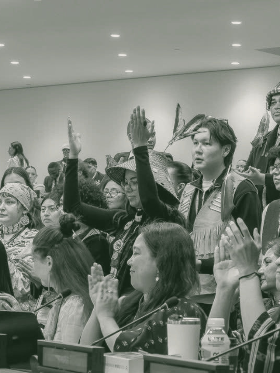 Katisha Paul and global Indigenous youth caucus celebrating indigenous rights and tite at UNPFII. NYC