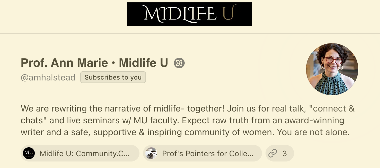 Live Discussion with Prof. Anne Marie on substack @MidLifeU 