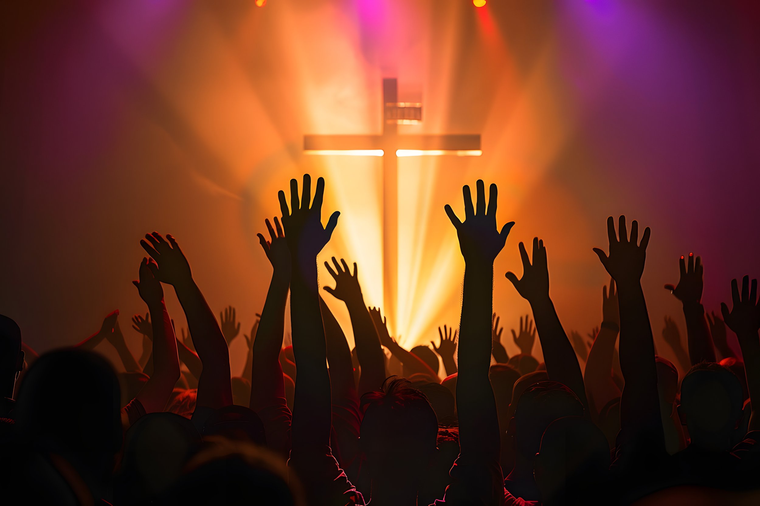 Audience with raised hands facing a brightly lit cross on a stage, colorful lighting.