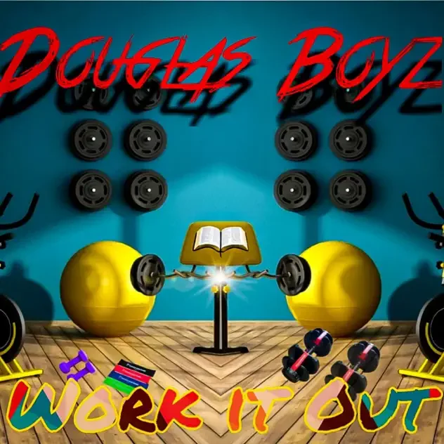 A gym room with a blue wall, featuring the words 'Douglas Boyz' in red at the top and 'Work It Out' in colorful, stylized text at the bottom. The room has a music stand with an open book, large yellow exercise balls, dumbbells, and various weights on the wall.