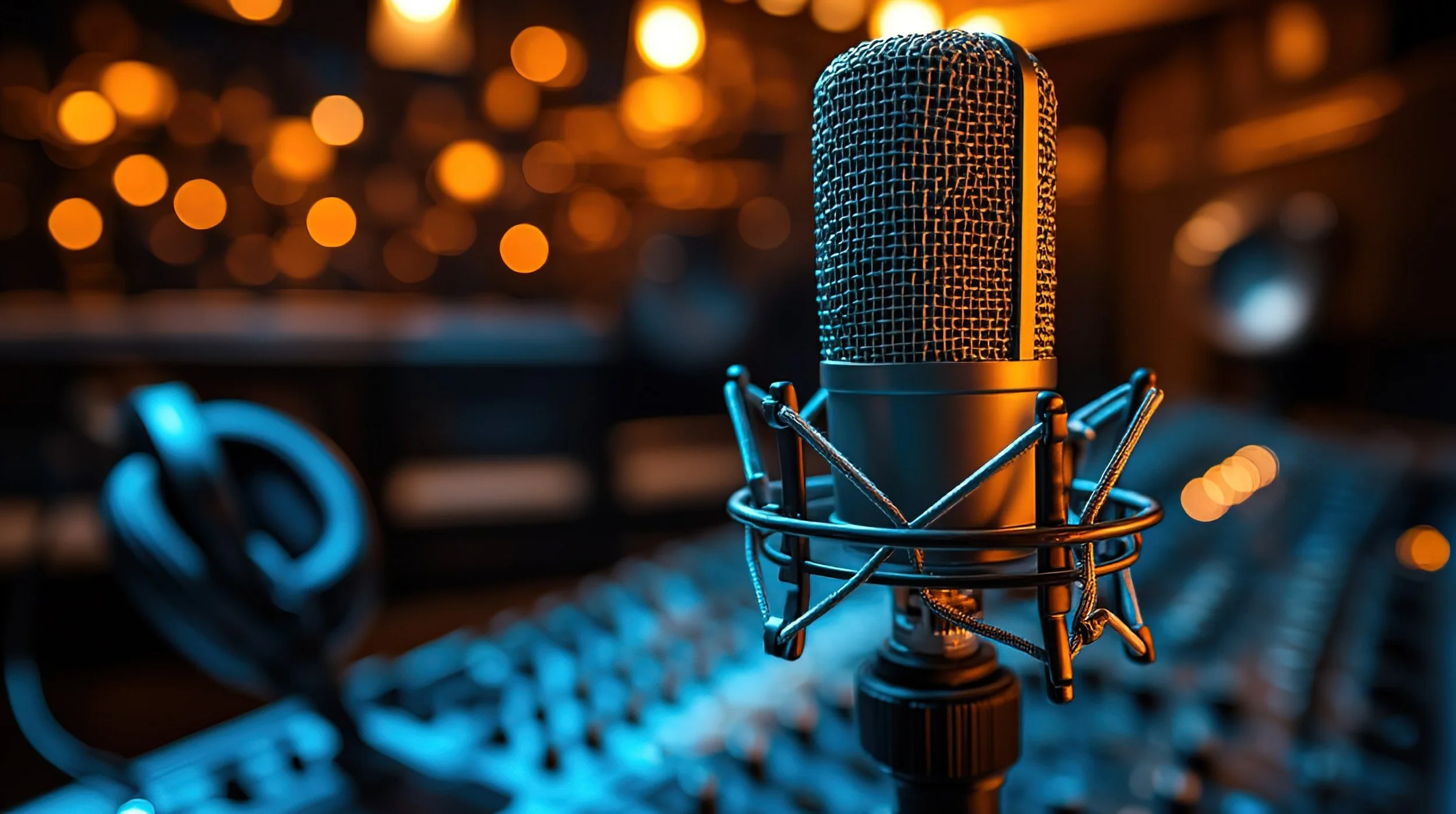 A professional studio microphone with a pop filter, set up in a recording studio with warm, bokeh lights in the background.