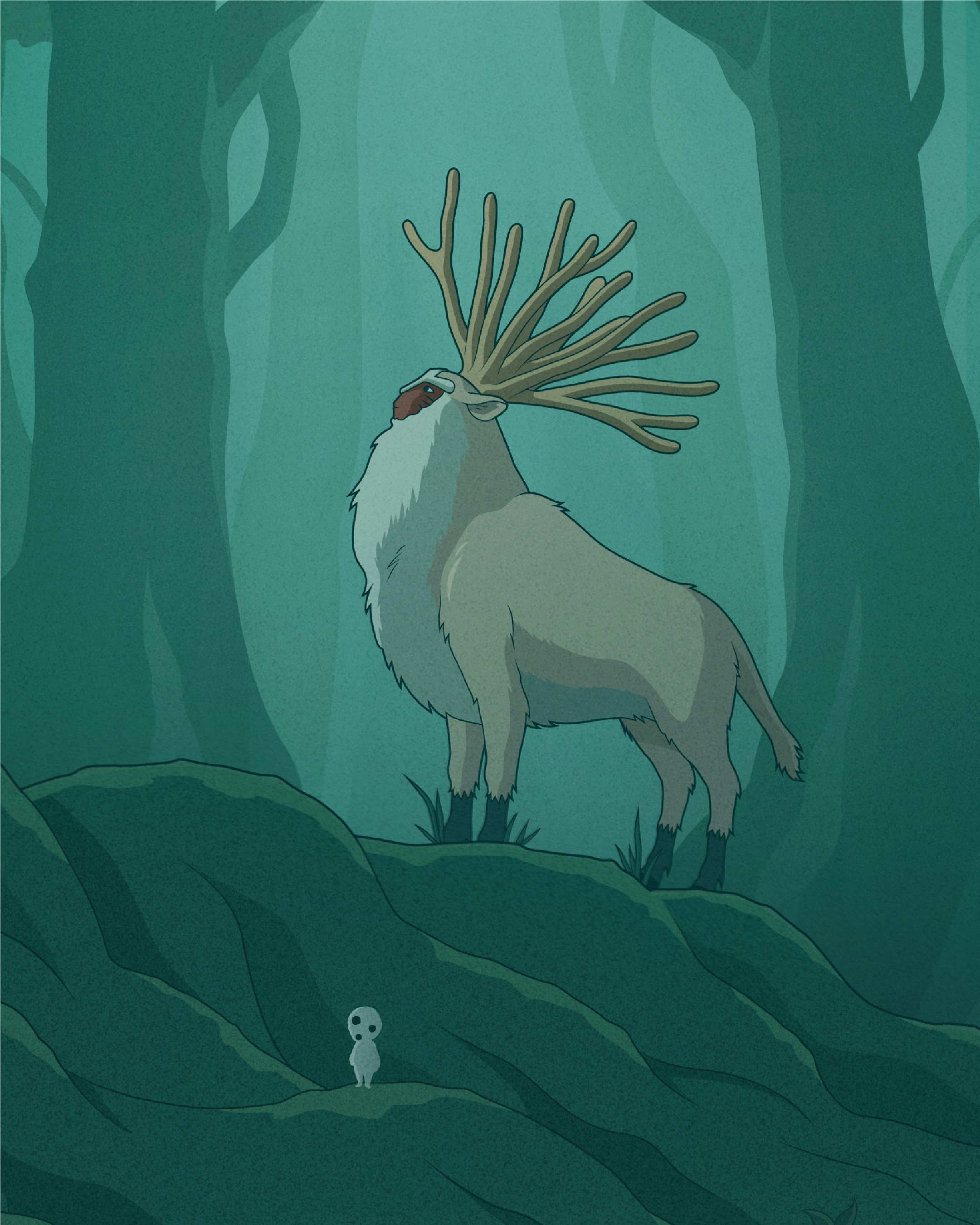 spirit-detail.png Close-up of the Forest Spirit standing on a moss-covered hillside with a kodama below.