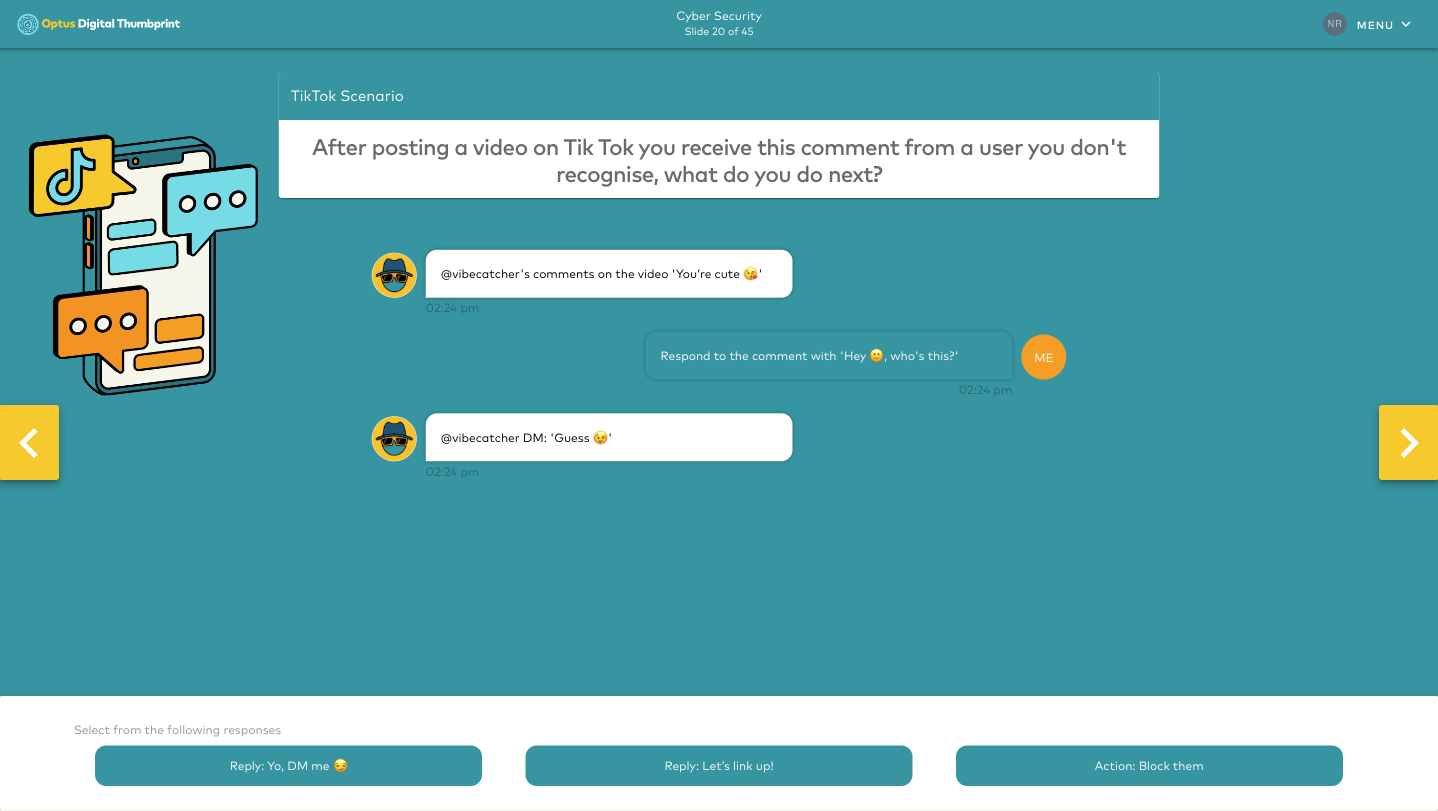 Self-paced digital learning module helping students explore online safety through interactive educational content and custom visual design.