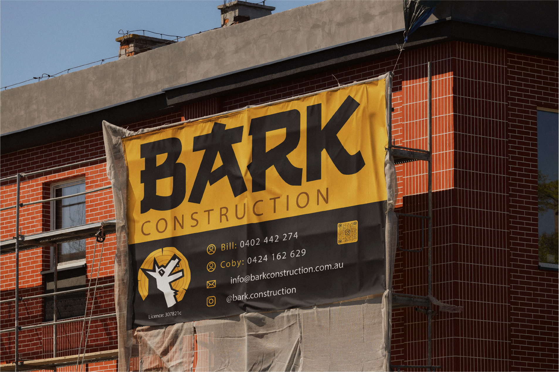 Business stationery and site signage designed to extend the Bark Construction brand across everyday client touchpoints, creating a consistent and recognisable visual identity.