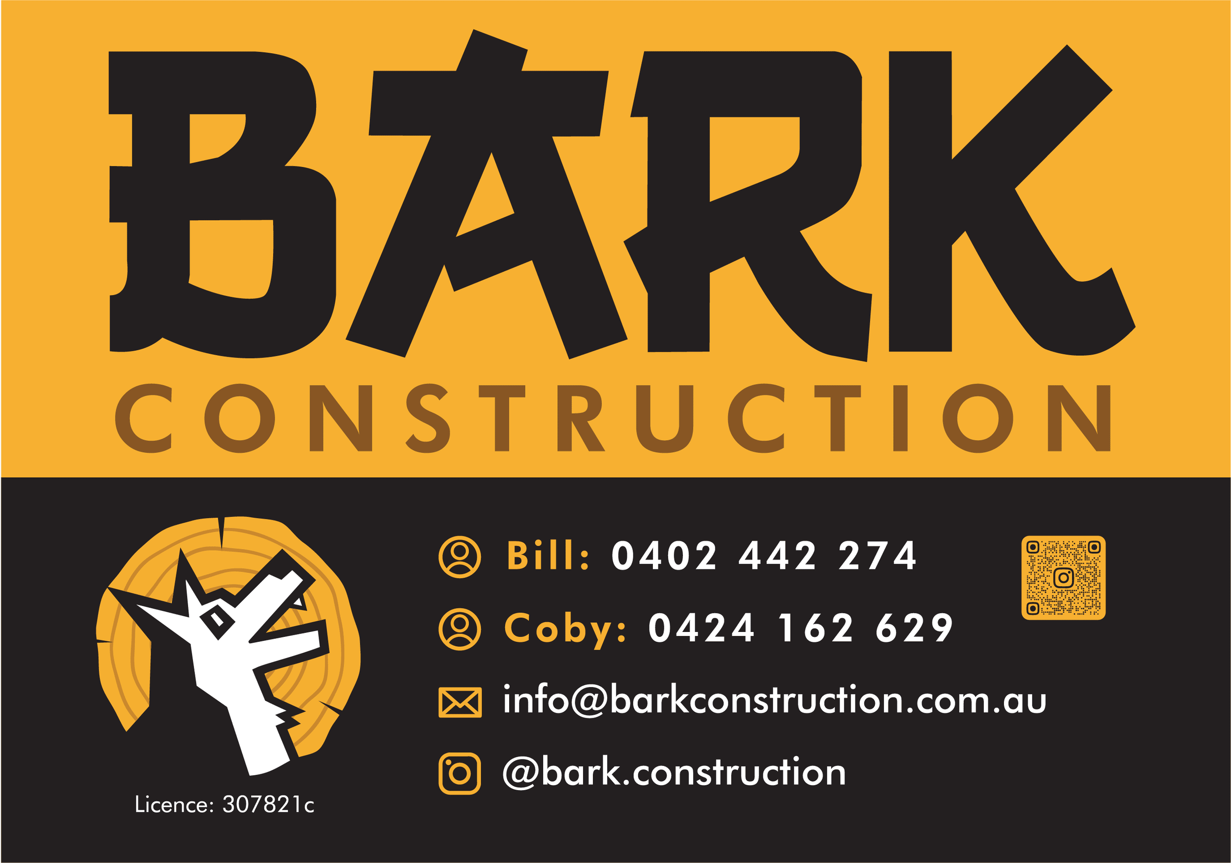 Business stationery and site signage designed to extend the Bark Construction brand across everyday client touchpoints, creating a consistent and recognisable visual identity.