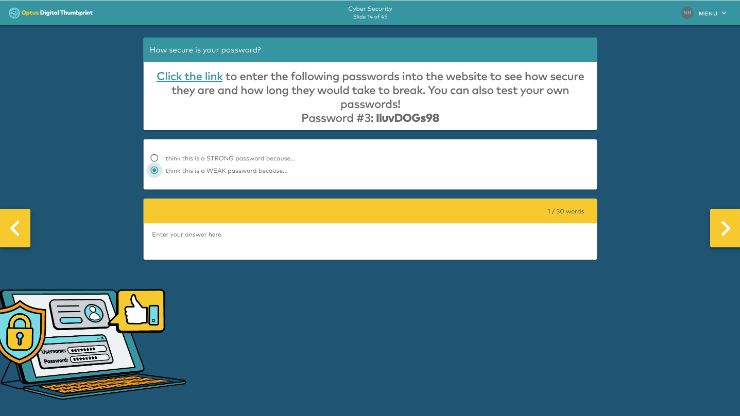 Self-paced digital learning module helping students explore online safety through interactive educational content and custom visual design.