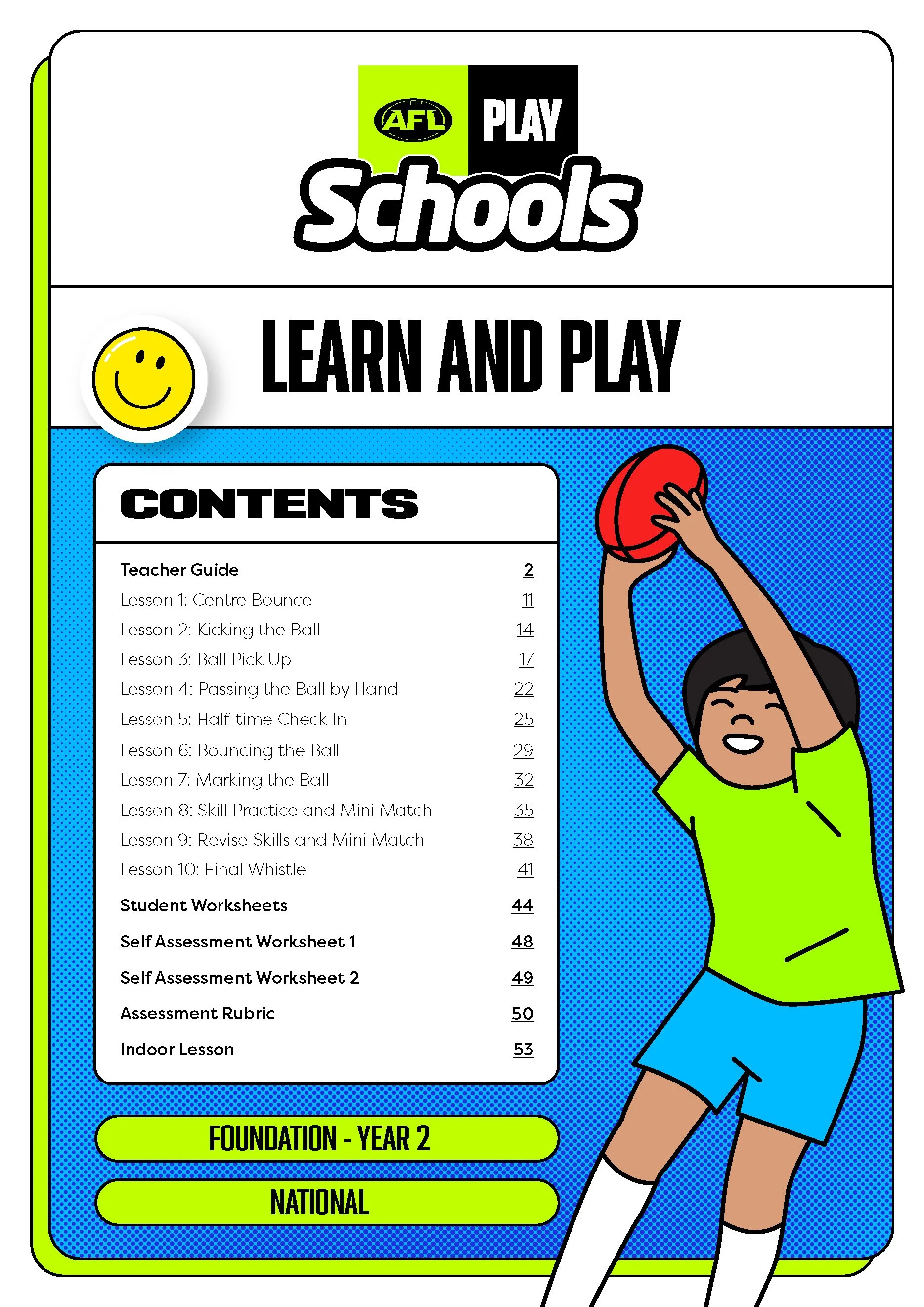 Curriculum-aligned teacher guides, student worksheets and instructional diagrams introducing Australian Rules Football skills, drills and gameplay concepts to Foundation–Year 6 students.