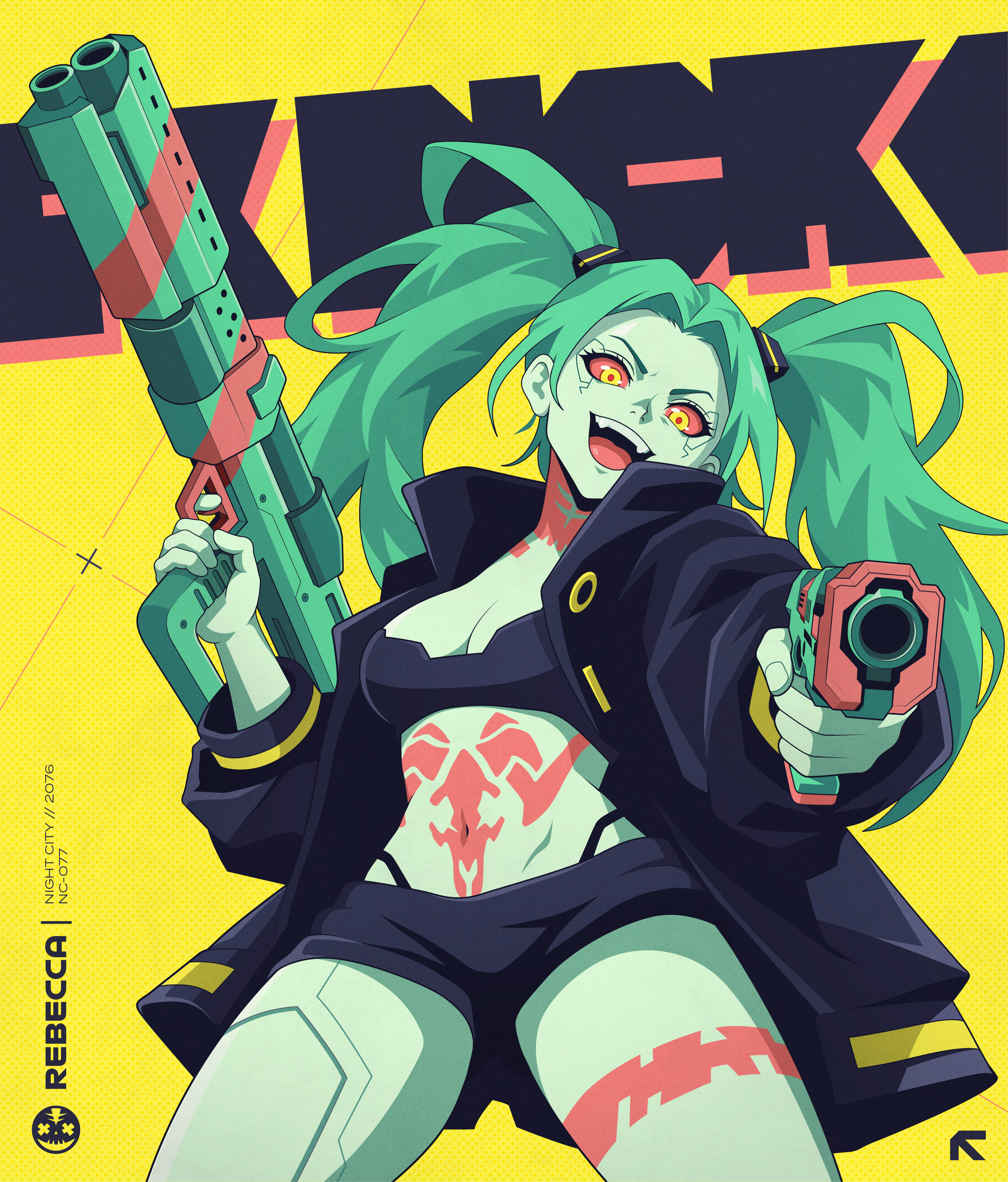 Rebecca from Cyberpunk: Edgerunners aiming a handgun at the viewer while holding a large shotgun, illustrated in a bold graphic vector style with a bright yellow background.
