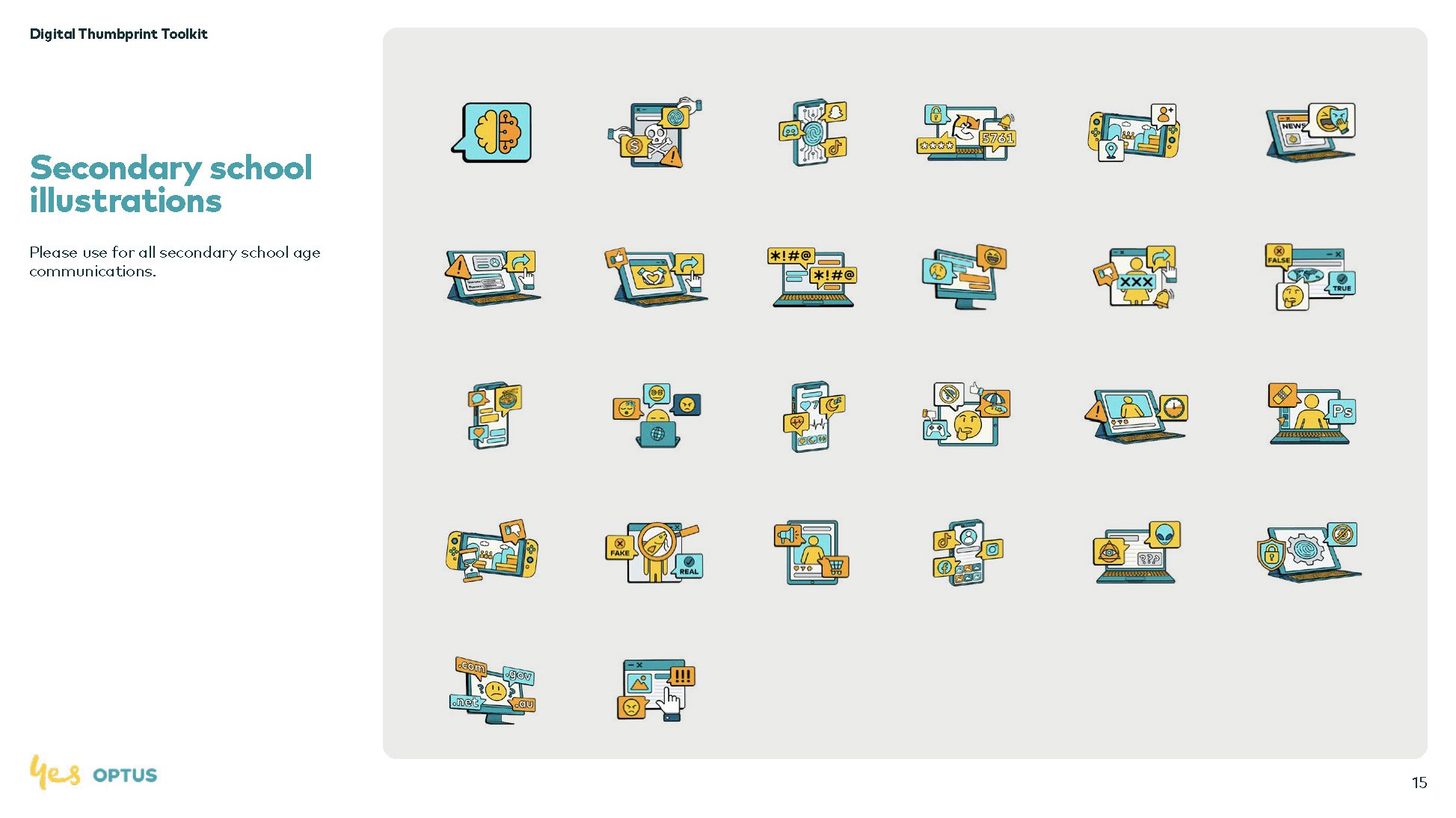 Illustration style guide developed for the Optus Digital Thumbprint program, ensuring consistency across future educational resources and national campaigns.