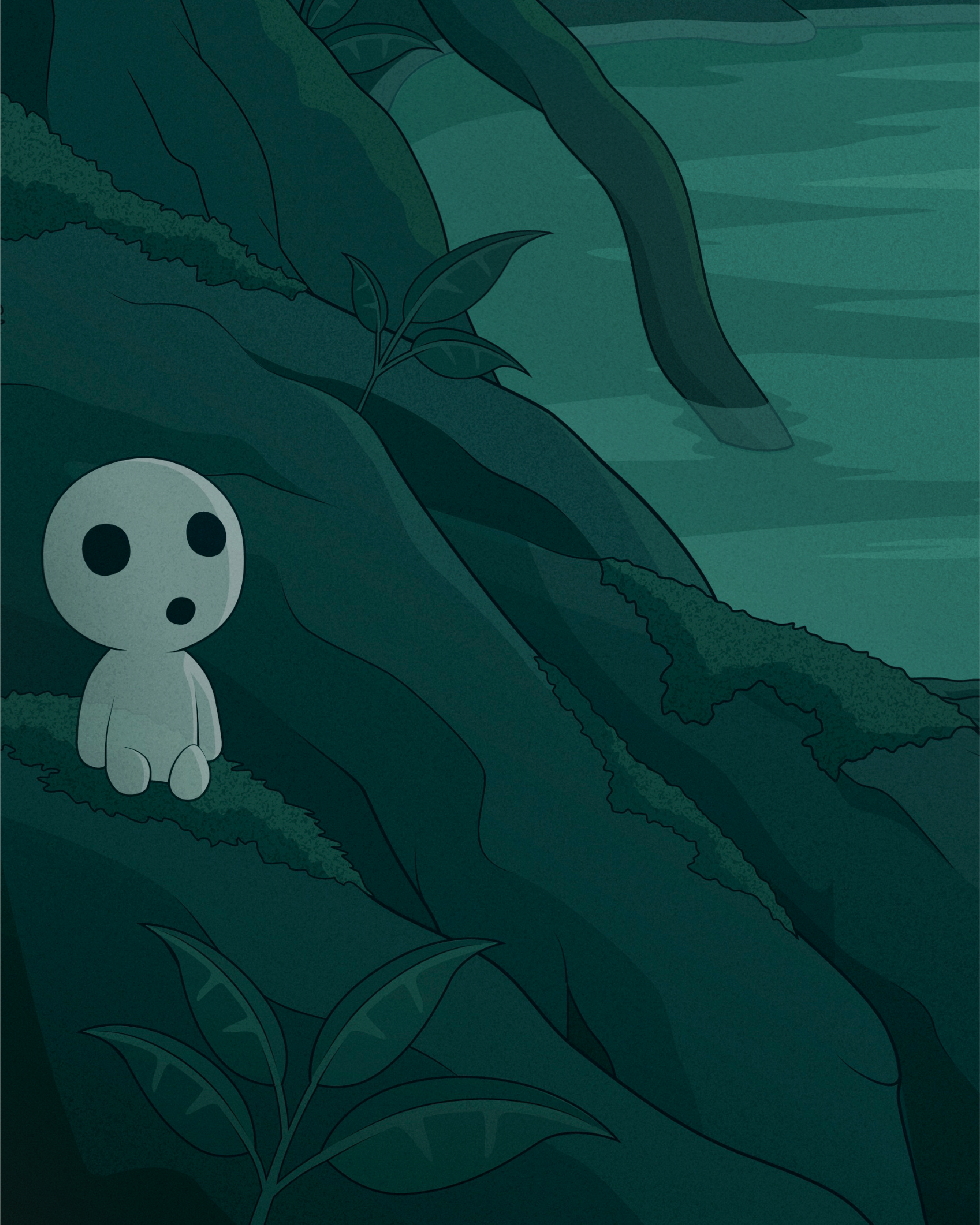 Kodama sitting among moss-covered tree roots and vegetation beside the forest stream.