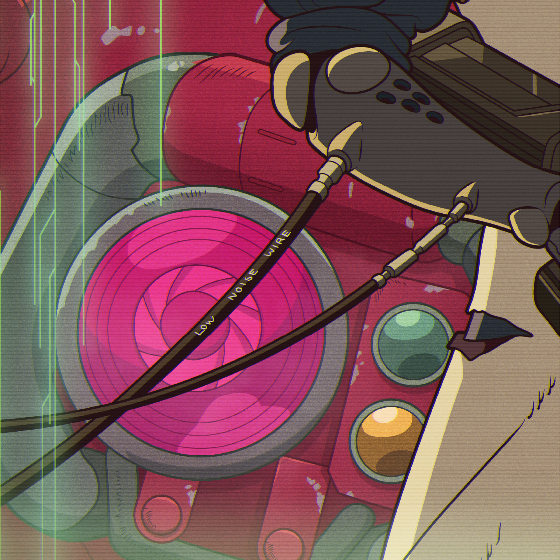 Close-up of thick black cables trailing from Motoko’s equipment beside brightly coloured machinery and illuminated controls.